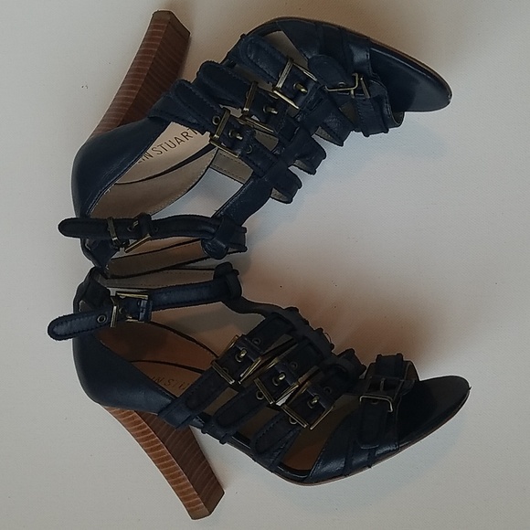 Colin Stuart Navy Strappy Navy Genuine Leatber Wood Block 4" Heel 6 - Picture 4 of 8